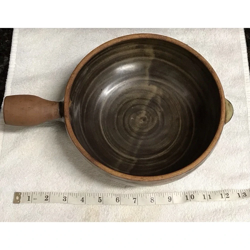 Stoneware Pottery Glazed Pot Bowl‎ with Handle Brown Tan Swirl